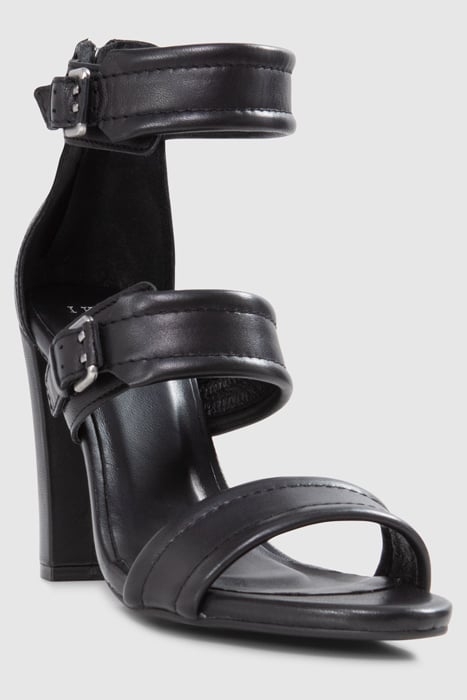 BLACK LEATHER ZIPPED HEELED SANDALS 2