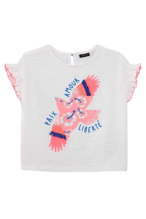 GIRLS’ WHITE ORGANIC COTTON T-SHIRT, NEON PINK BIRD IMAGE 1