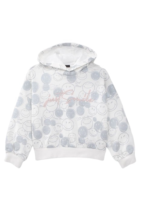 GIRLS’ WHITE HOODIE WITH SILVER ALL-OVER SMILEYWORLD PRINT 1