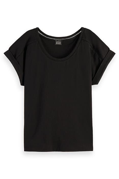 SCOOP NECK LADDER TAPE COTTON LYOCELL T-SHIRT BLACK by Scotch & Soda