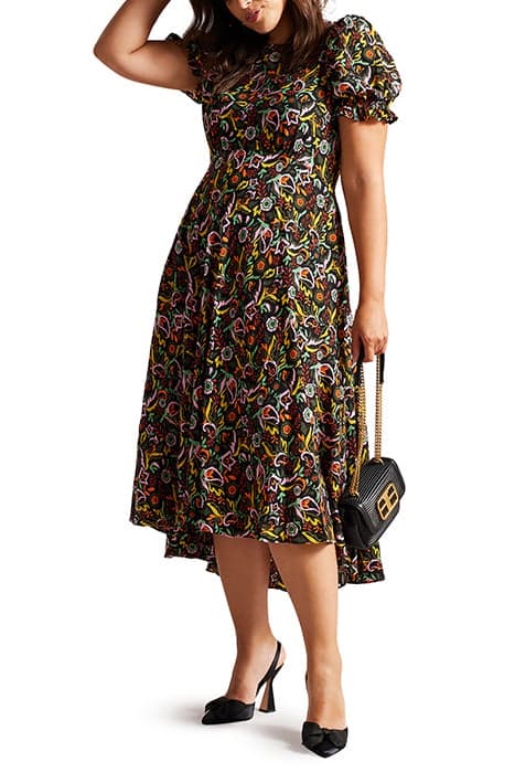 DABNEY HIGH LOW HEM TEA DRESS WITH PUFF SLEEVE BLACK by Ted Baker