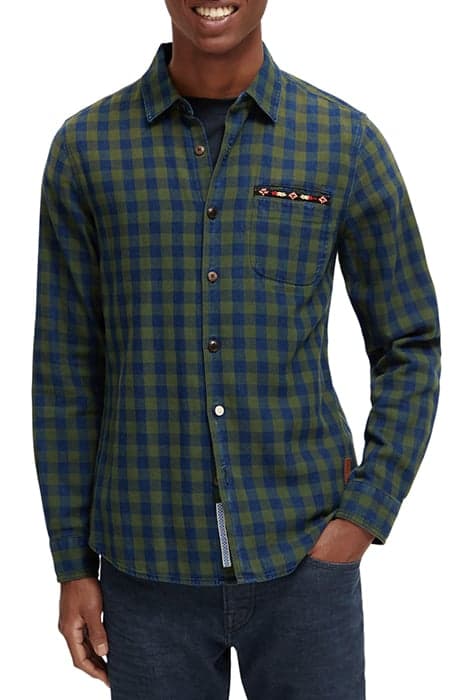 INDIGO CHECK CHECK WITH BEADED POCKET DETAIL FIELD GREEN by Scotch & Soda