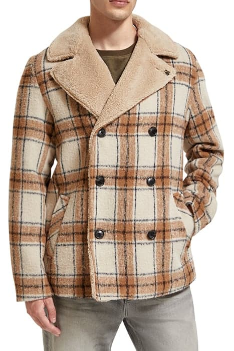 WOOL BLEND TEDDY LINED PEACOAT OFFWHITE CAMEL CHECK by Scotch & Soda