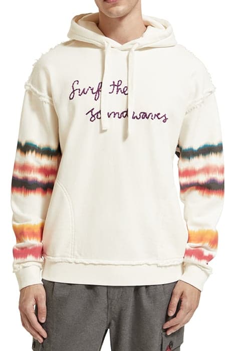 RELAXED FIT RAW EDGE ARTWORK HOODIE ORGANIC COTTON OFF WHITE by Scotch & Soda