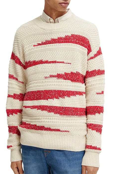 COTTON-BLEND STRUCTURED INTARSIA PULLOVER STONE RED FLAME by Scotch & Soda