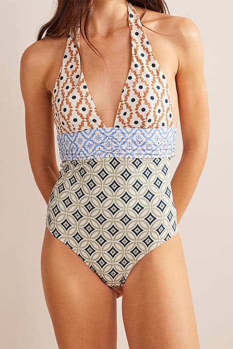 BOW DETAIL HALTER SWIMSUIT MULTI, GEO TRANCE by Boden