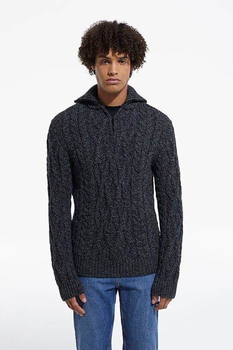 CABLE WOOL CAMPER NECK SWEATER BLACK DARK GREY by The Kooples