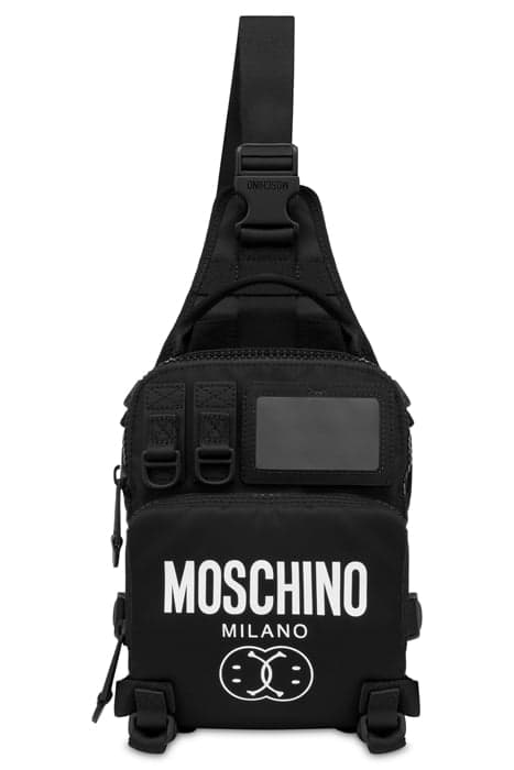 DOUBLE SMILEY® NYLON SHOULDER BAG BLACK by Moschino