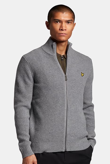 KNITTED RIB ZIP THROUGH CARDIGAN MID GREY MARL by Lyle & Scott