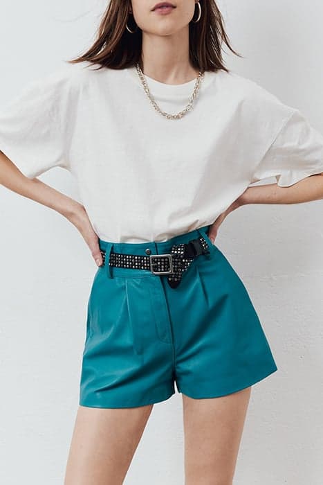 EMERALD BLUE CERTIFIED-LEATHER HIGH WAIST SHORTS SUNSET LAGO by IKKS