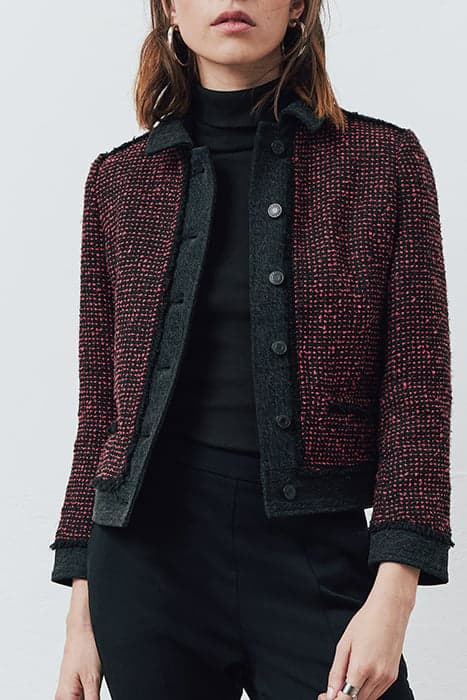 RED AND BLACK TWEED AND DENIM MIXED-FABRIC JACKET by IKKS