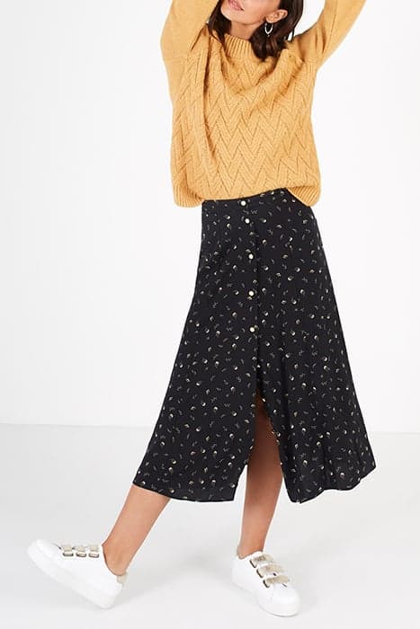 BLACK MIDI SKIRT WITH MINIMALISTIC FLORAL PRINT by ICODE