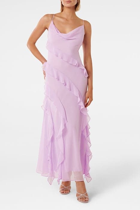 PETA RUFFLE COWL NECK GOWN BLOSSOMING LILAC by Forever New