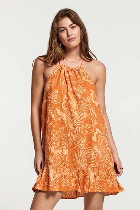 LADIES MEDELLIN DRESS ARTSY LEAVES FRESH APRICOT ORANGE by Shiwi