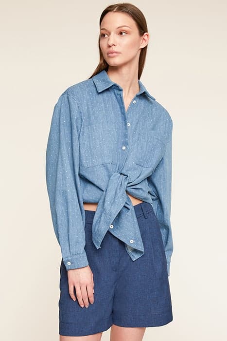 DENIM-EFFECT OVERSIZED SHIRT WITH RHINESTONES BLUE by Motivi