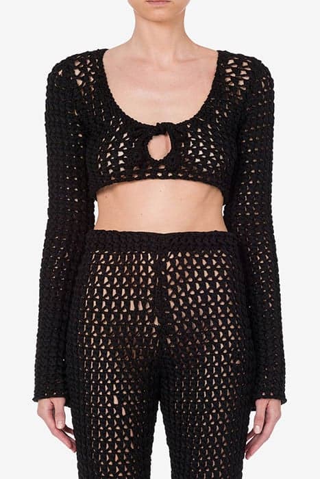 CROCHET EFFECT COTTON RIBBON CROP TOP BLACK by Moschino