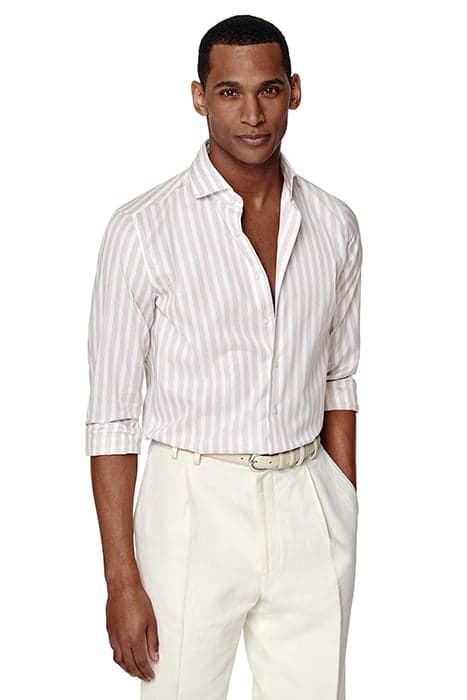 SAND STRIPE COTTON TENCEL LIGHT BROWN by Suitsupply