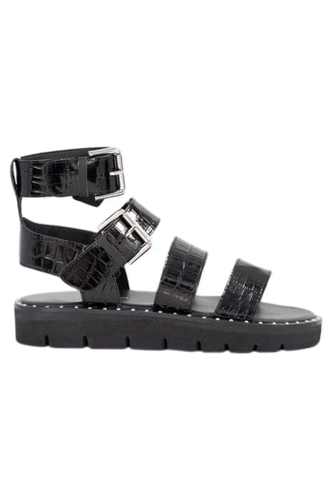 BLACK CROCODILE EMBOSSED PATENT LEATHER SANDALS BLACK by ICODE