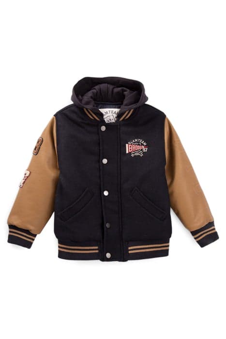 BOYS’ NAVY EMBROIDERED MIXED FABRIC HOODED BASEBALL JACKET by IKKS