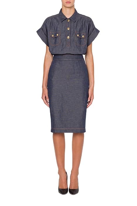 DENIM-EFFECT COTTON AND LINEN DRESS BLUE by Moschino