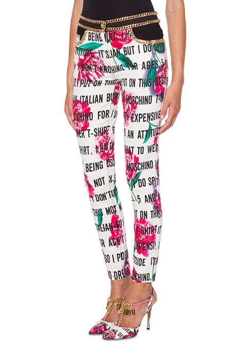 SLOGAN & FLOWERS GABARDINE TROUSERS WHITE by Moschino