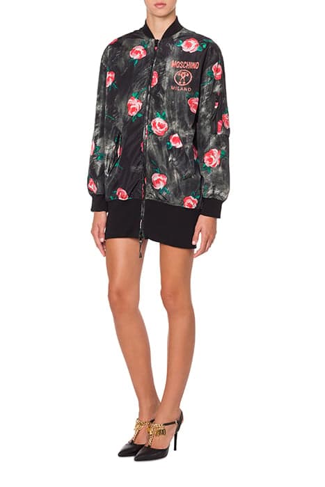 PAINTED FLOWERS NYLON BOMBER JACKET BLACK by Moschino