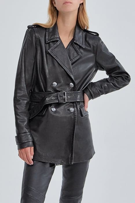 PURE EDITION- BLACK LEATHER LONG BELTED JACKET BLACK by IKKS