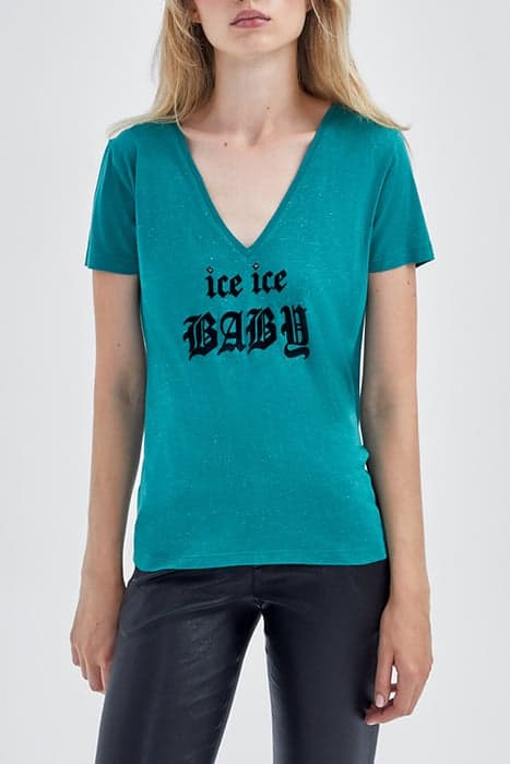 GREEN GLITTERY T-SHIRT WITH FLOCKED SLOGAN GREEN by IKKS