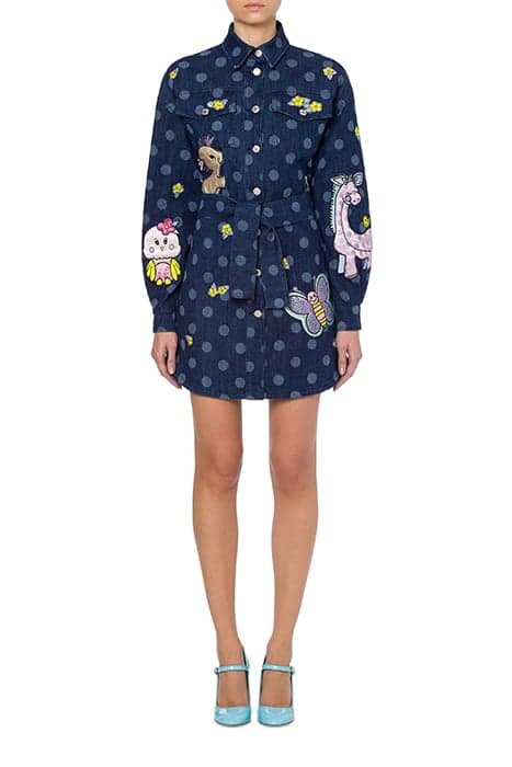 ANIMAL PATCH POLKA DOT DENIM DRESS BLUE by Moschino