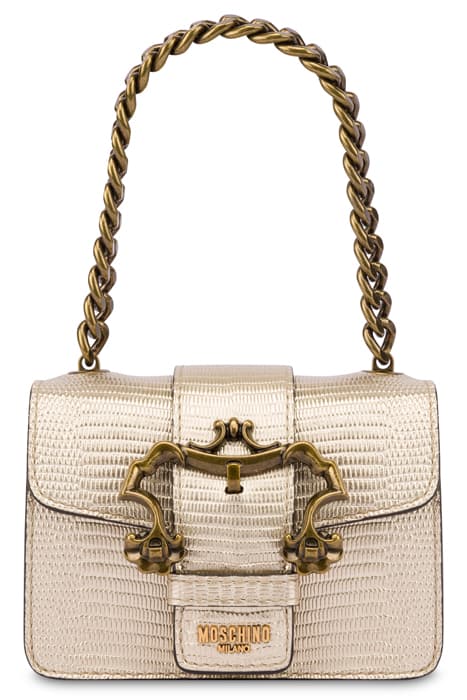 BAROQUE BUCKLE HANDBAG WITH TEJUS PRINT GOLD by Moschino