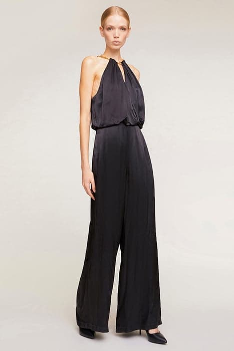 LONG SATIN JUMPSUIT WITH NECKLACE MOTIF BLACK by Motivi