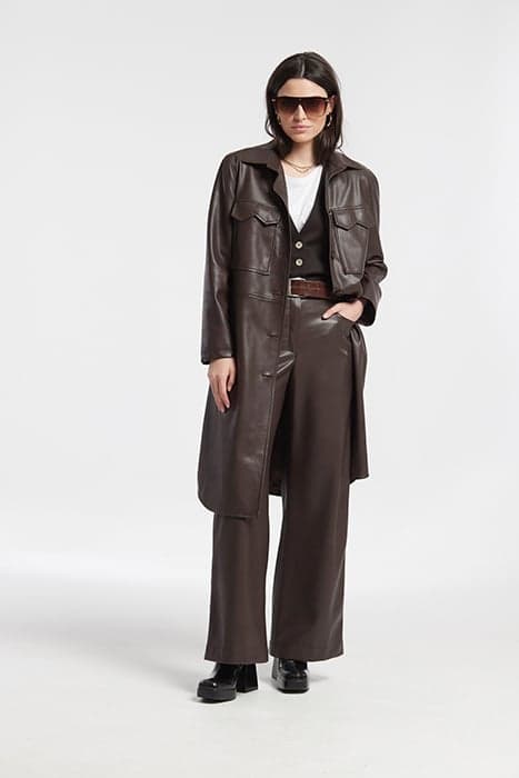 LEATHER EFFECT PATCH POCKET COAT BROWN by OKY