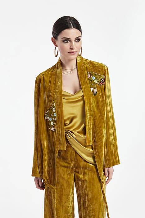 CRUSHED VELVET ASYMMETRICAL JACKET MUSTARD by OKY