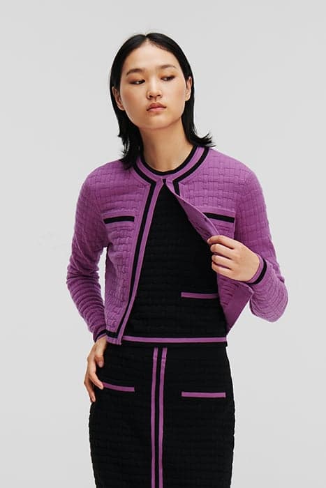 TEXTURED CLASSIC KNIT CARDIGAN IRIS ORCHID/BLACK by KARL LAGERFELD