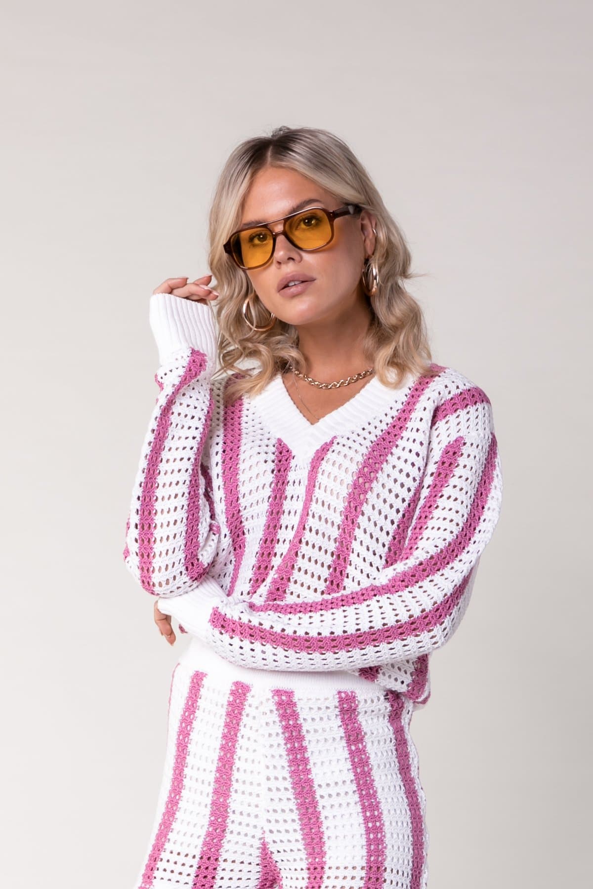 LIZZA CROCHET STRIPE V-NECK SWEATER MEDIUM PINK by Colourful Rebel