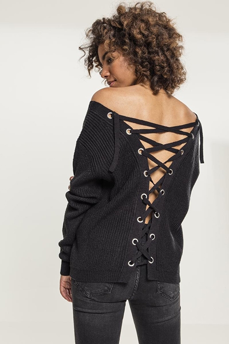 LADIES BACK LACE UP SWEATER BLACK 2