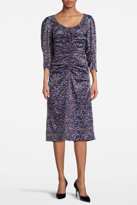 CRINKLED SATIN GATHERED U-NECK MIDI DRESS BLACK 1