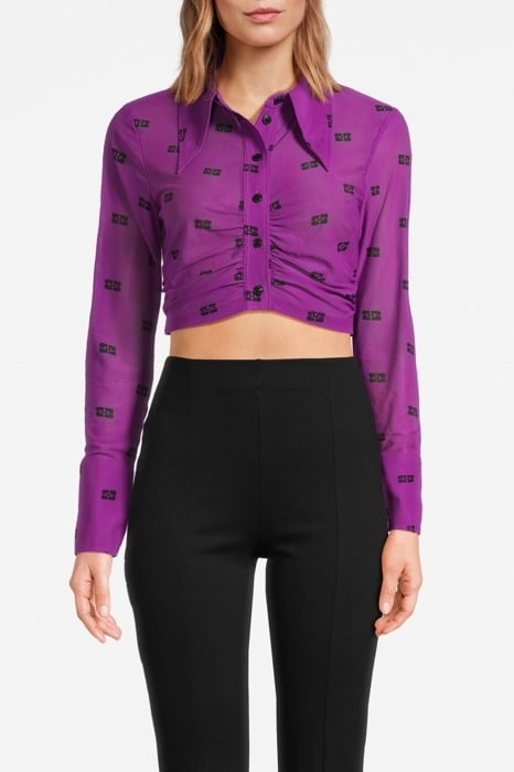 PRINTED MESH CROPPED RUCHED SHIRT SPARKLING GRAPE 1