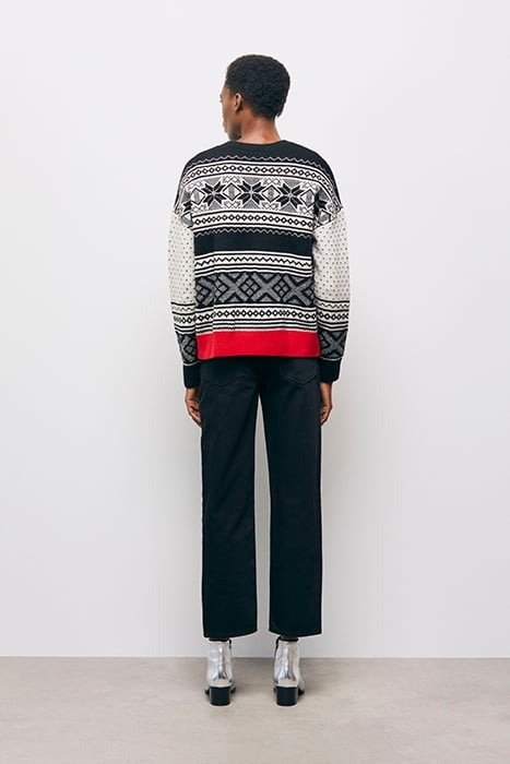 PULL COL ROND JACQUARD AVEC RIB CONTRASTE BLACK RED OFF WHIT 2