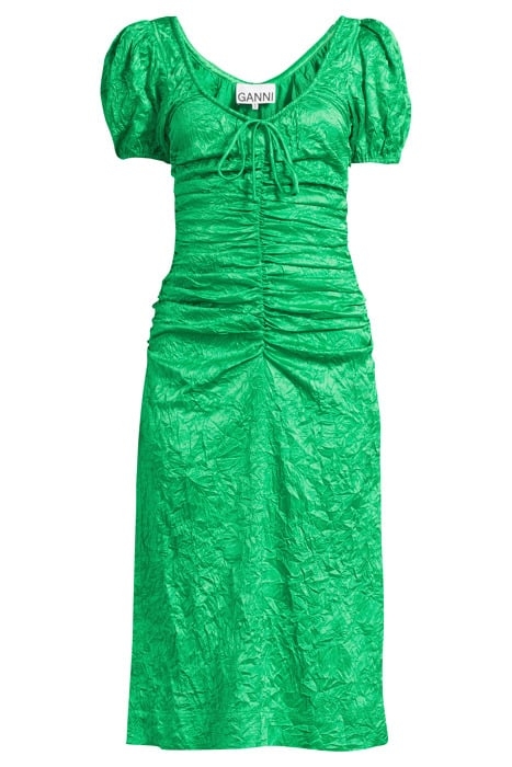 CRINKLED SATIN GATHERED U-NECK MIDI DRESS BRIGHT GREEN 3