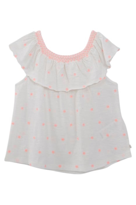 GIRLS’ WHITE T-SHIRT, NEON JACQUARD ELASTICATED NECK 3