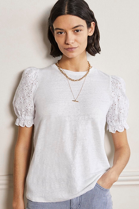 BRODERIE SLEEVE LINEN T-SHIRT WHT 1