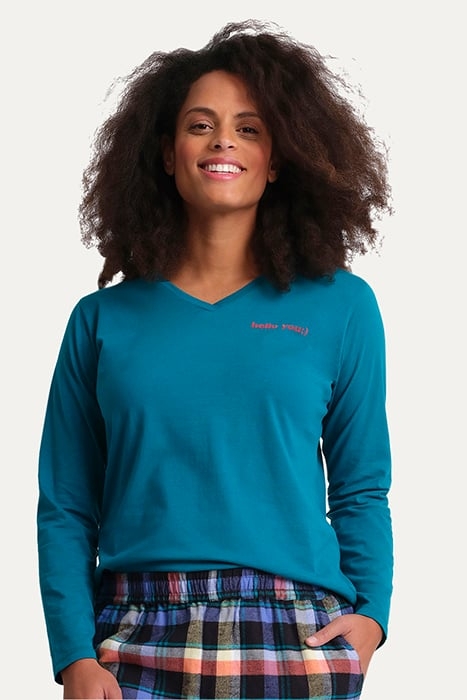 NW TOP TSHIRT LS FEMKE HELLO YOU JET GREEN 2