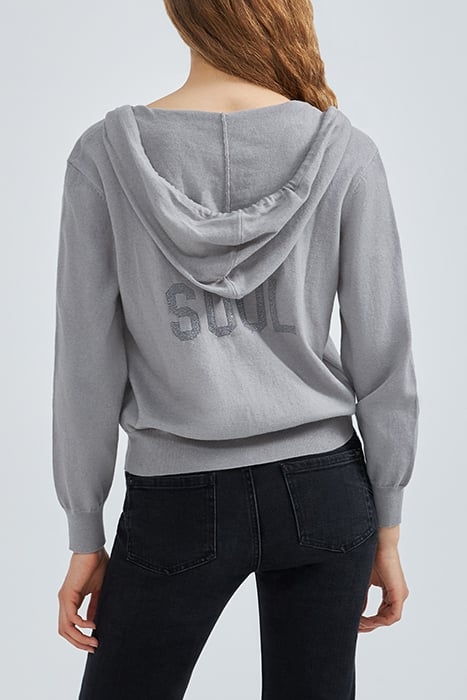 GREY KNIT CARDIGAN, JACQUARD SLOGAN FRONT & BACK 2