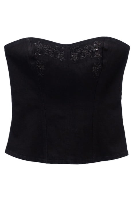 BLACK DENIM BUSTIER WITH EMBROIDERED FLOWERS 2