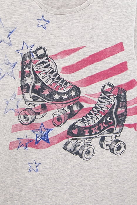 GIRLS’ GREY ROLLER SKATES IMAGE ORGANIC COTTON T-SHIRT 5