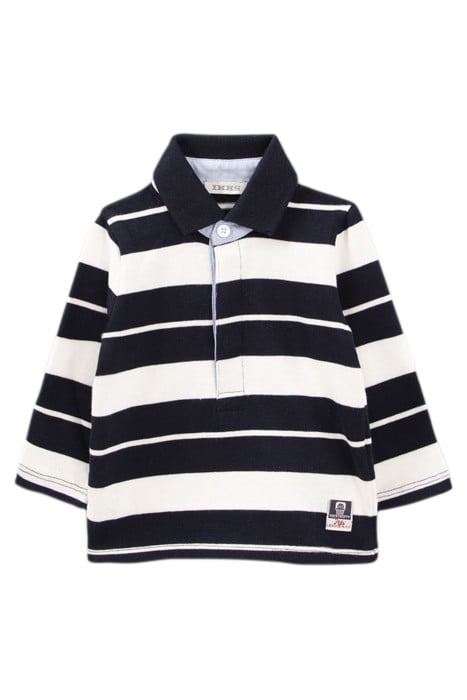 BABY BOYS’ NAVY/ECRU STRIPE POLO SHIRT, EMBROIDERED BACK 1
