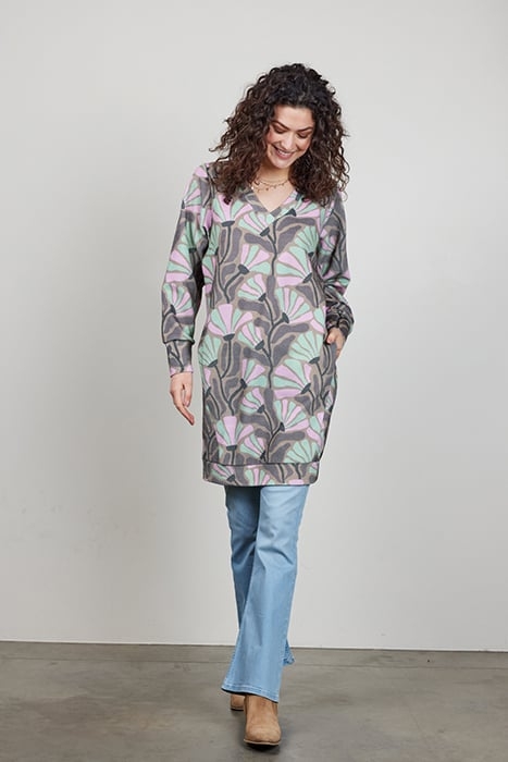 SWEAT DRESS CHILLY PRINT SAND WITH COSMIC FLOWER PRINT 1