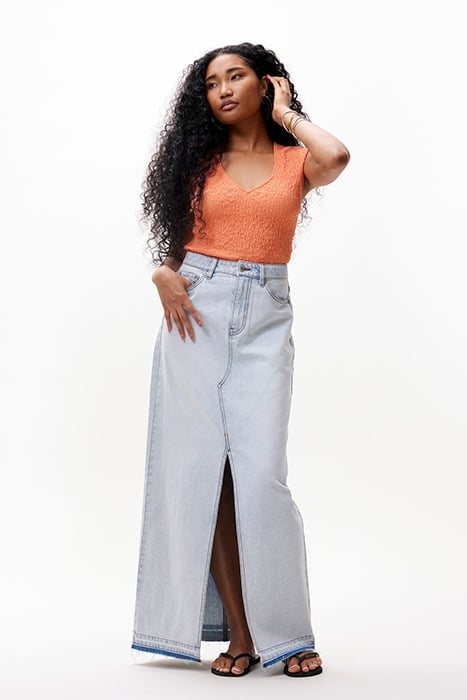 SMOCKED SLIM STRETCH V NECK TOP PAPAYA 2