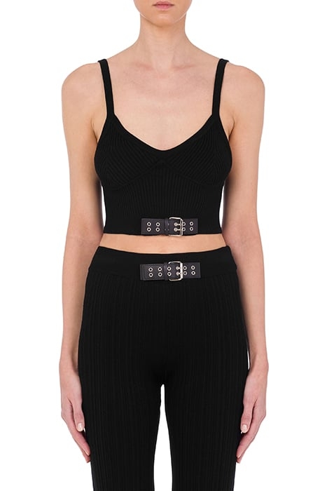 BIKER BUCKLES STRETCH KNIT CROP TOP BLACK 1